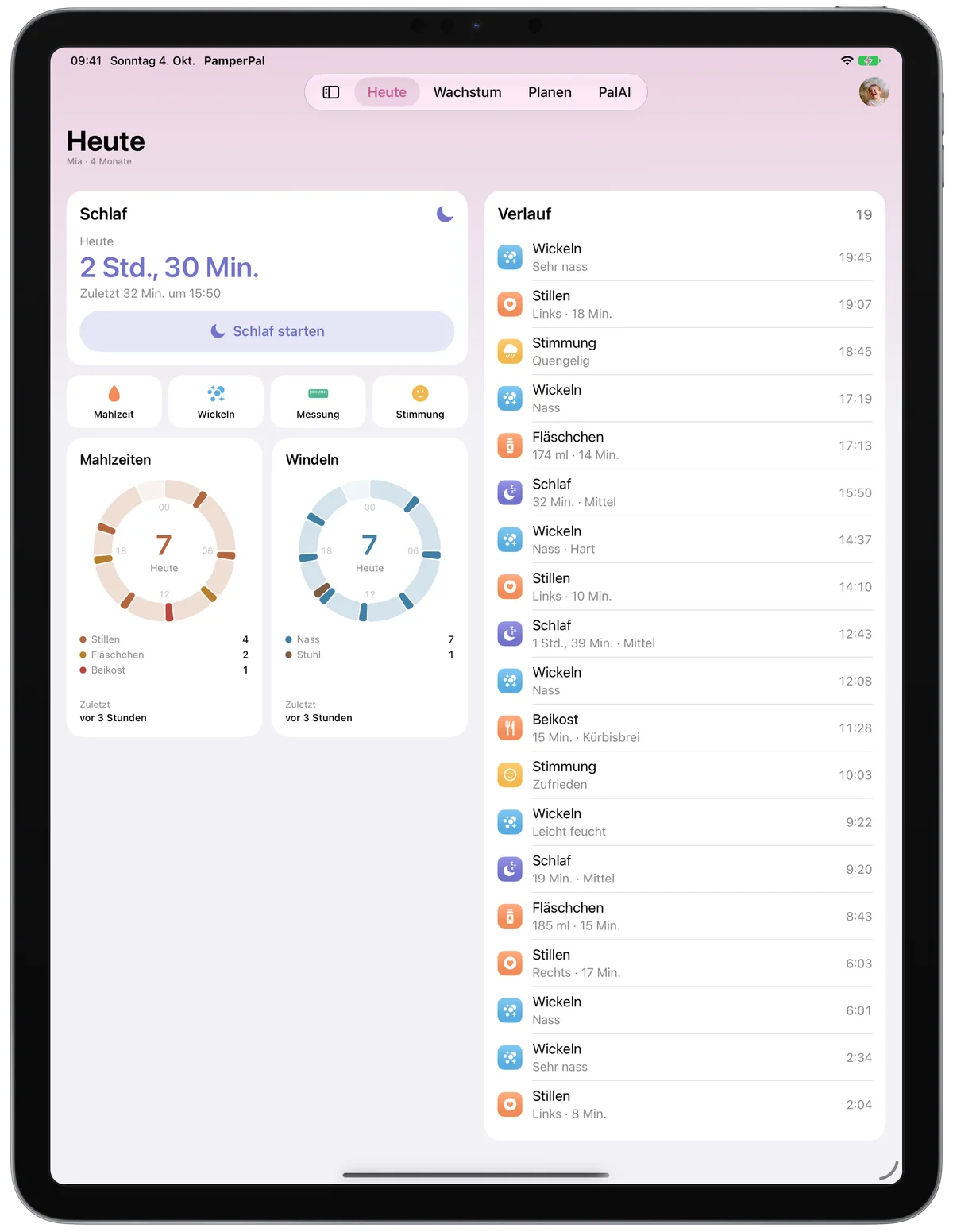 PamperPal auf dem iPad mit Tagesübersicht und Verlauf