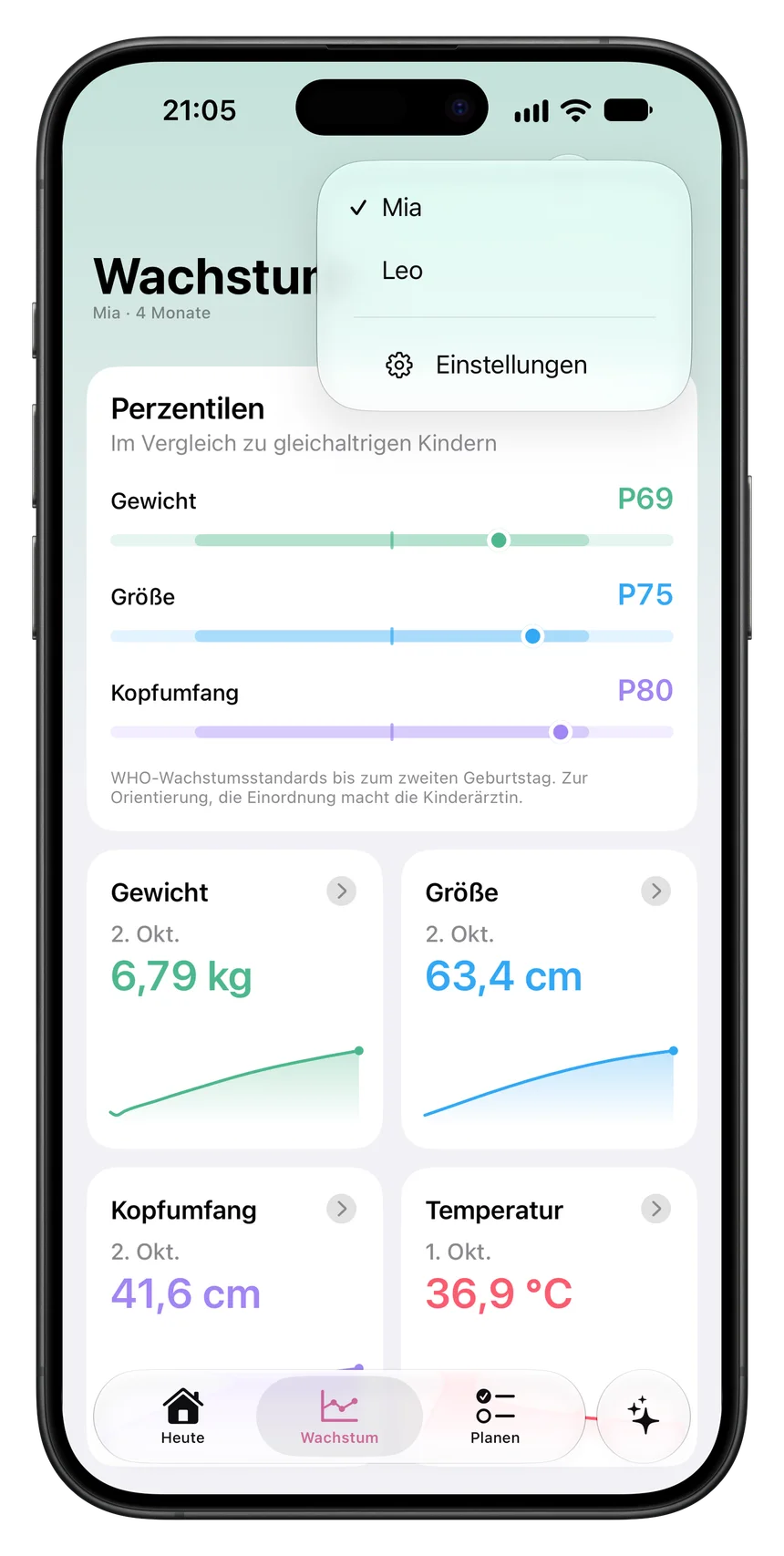 Auswahl zwischen den Kindern Mia und Leo auf dem iPhone