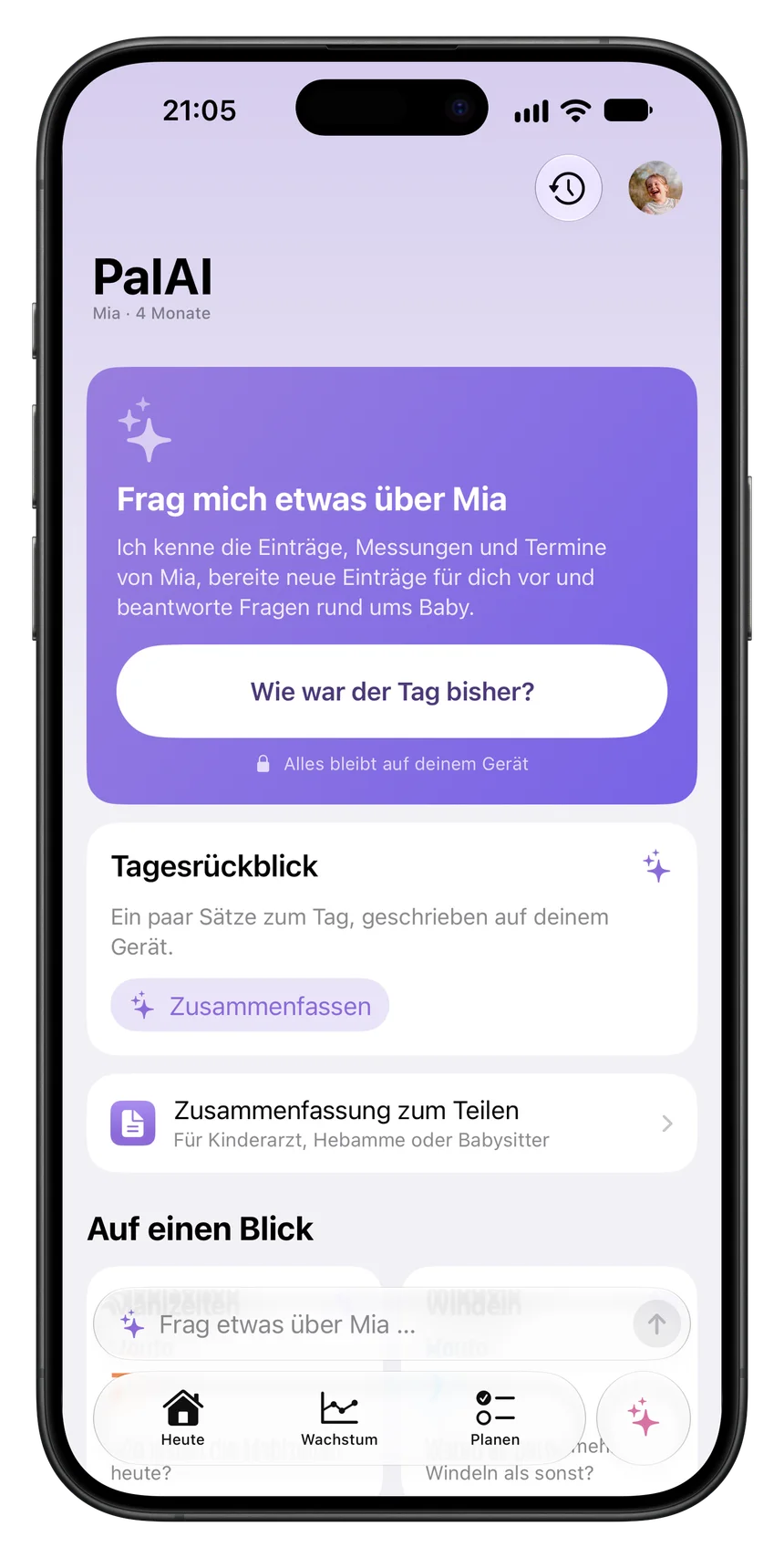 PalAI mit Tagesrückblick und einer Zusammenfassung zum Teilen
