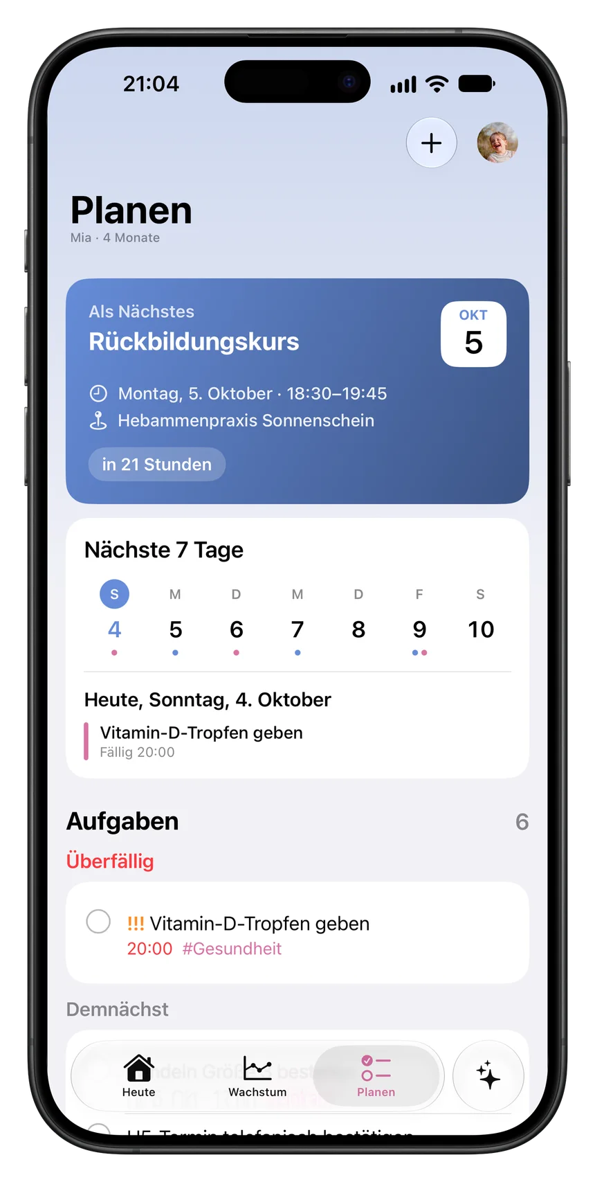 Planen mit dem nächsten Termin, einer Wochenleiste und Aufgaben