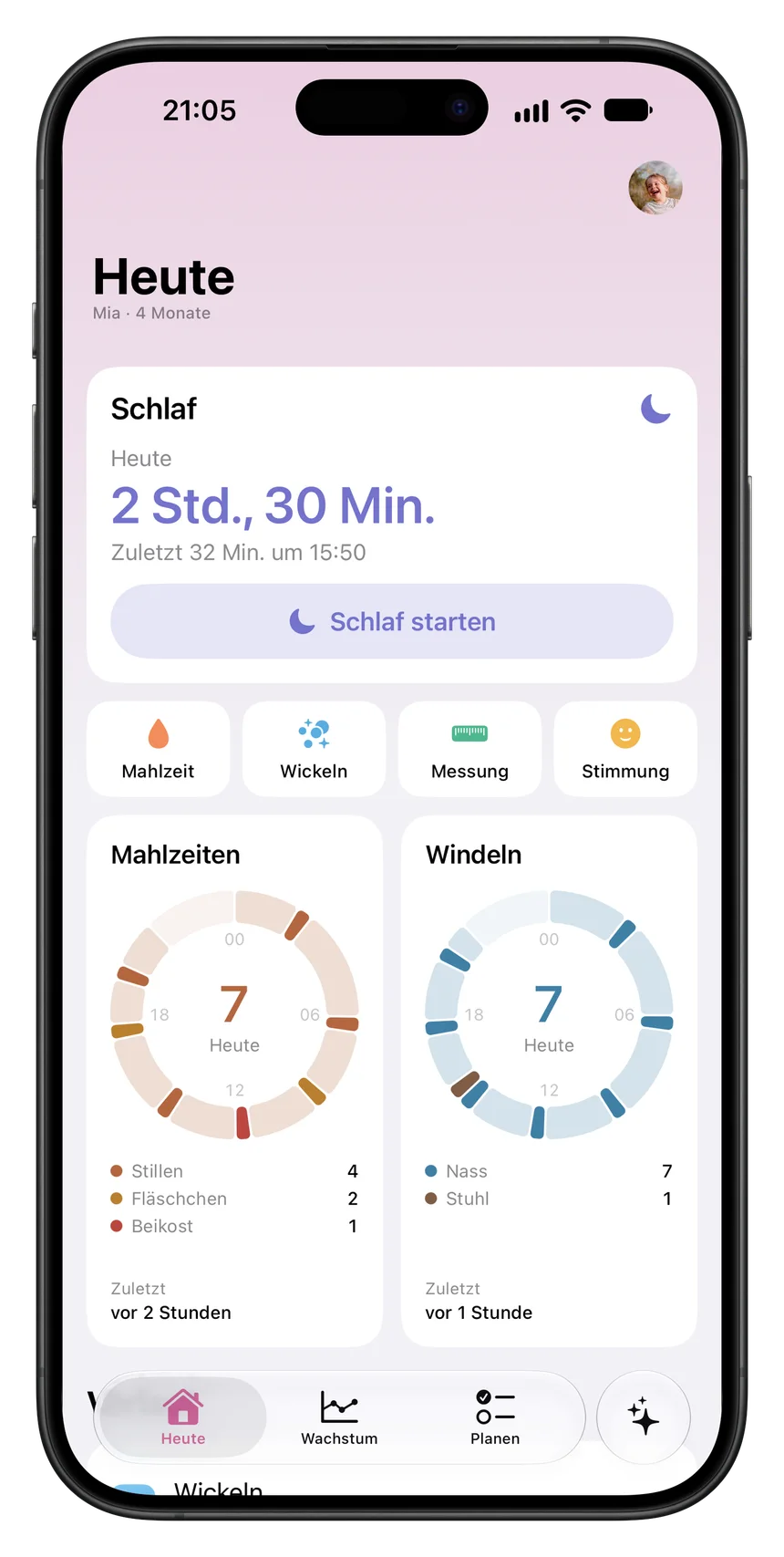 PamperPal auf dem iPhone: die Seite Heute mit Schlaf, Mahlzeiten und Windeln