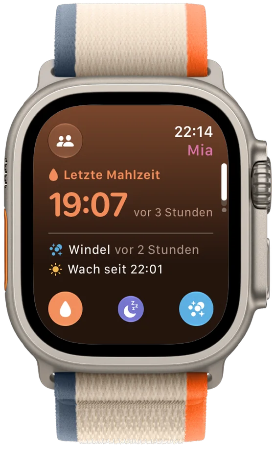 PamperPal auf der Apple Watch: letzte Mahlzeit um 19:07