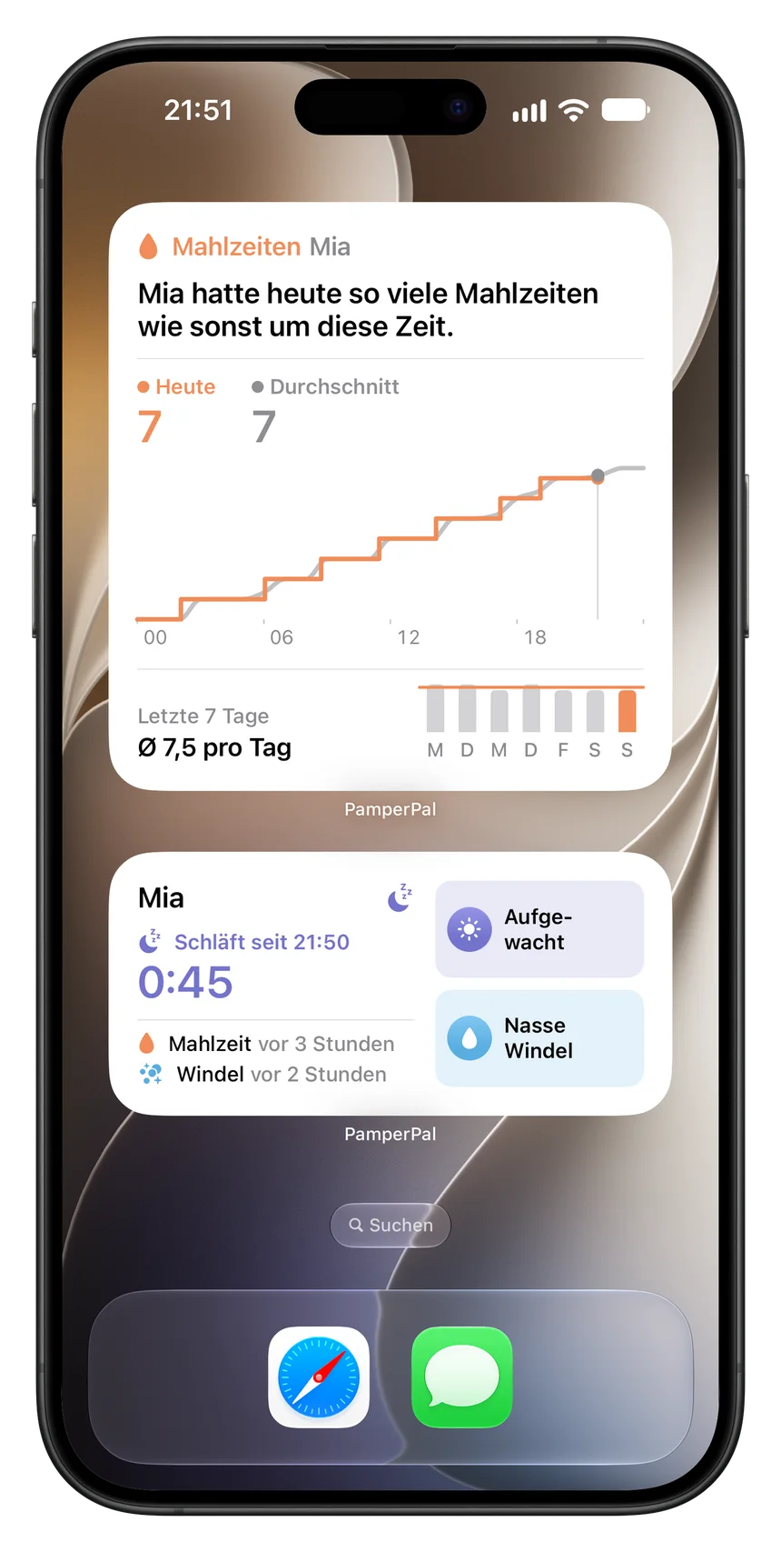 Widgets von PamperPal auf dem Home-Bildschirm